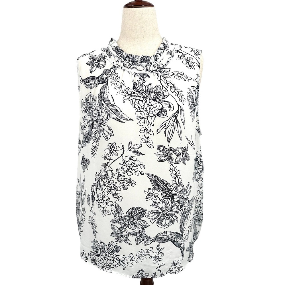 Ann Taylor Chiffon Blouse Sleeveless Ruffle Keyhole Neck White Floral Women's XL